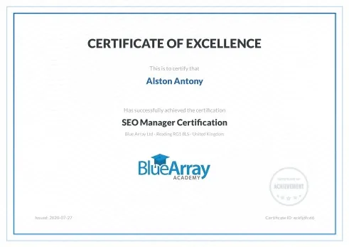 SEO Manager Certification certificate by Blue Array