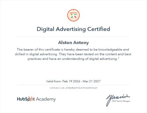 Digital Advertising certificate by HubSpot Academy