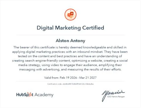 Digital Marketing certificate by HubSpot Academy