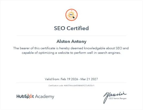SEO certificate by HubSpot Academy