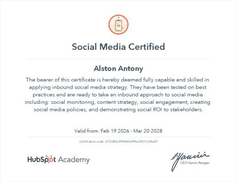 Social Media Marketing certificate by HubSpot Academy