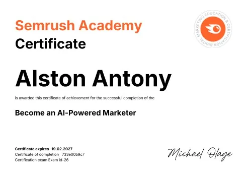 AI-Powered Marketer Certified certificate by Semrush