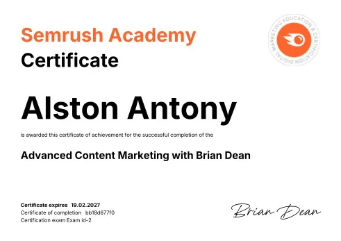Advanced Content Marketing with Brian Dean certificate by Semrush