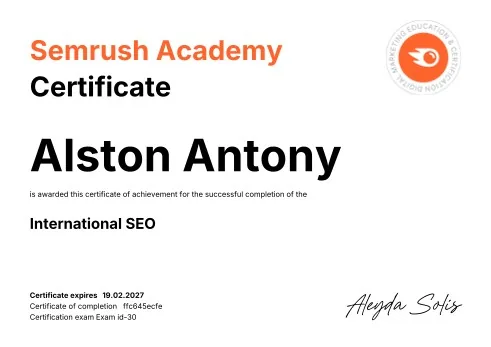 International SEO Certified certificate by Semrush