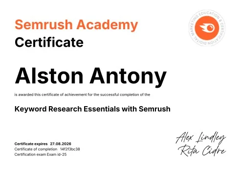 Keyword Research Essentials with Semrush certificate by Semrush