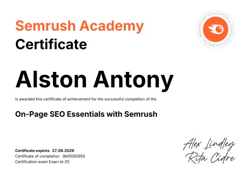 On-Page SEO Essentials with Semrush certificate by Semrush