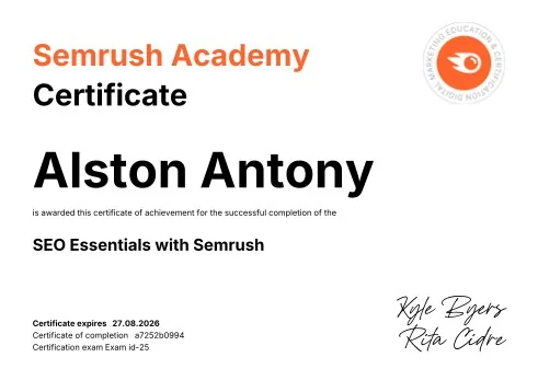 SEO Essentials with Semrush certificate by Semrush