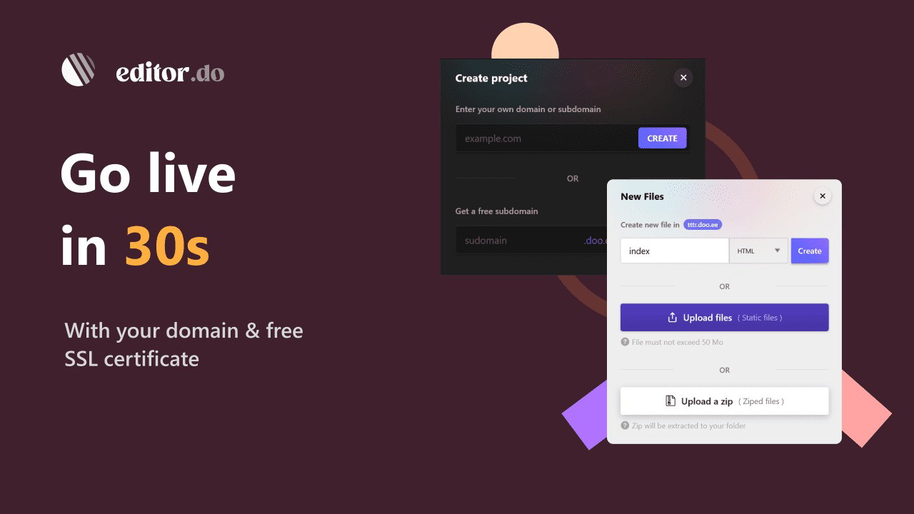 Uploading or creating your site's files is made easy with Editor.do.