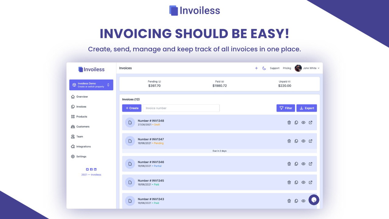 Create, send, manage, and keep track of all invoices in one place