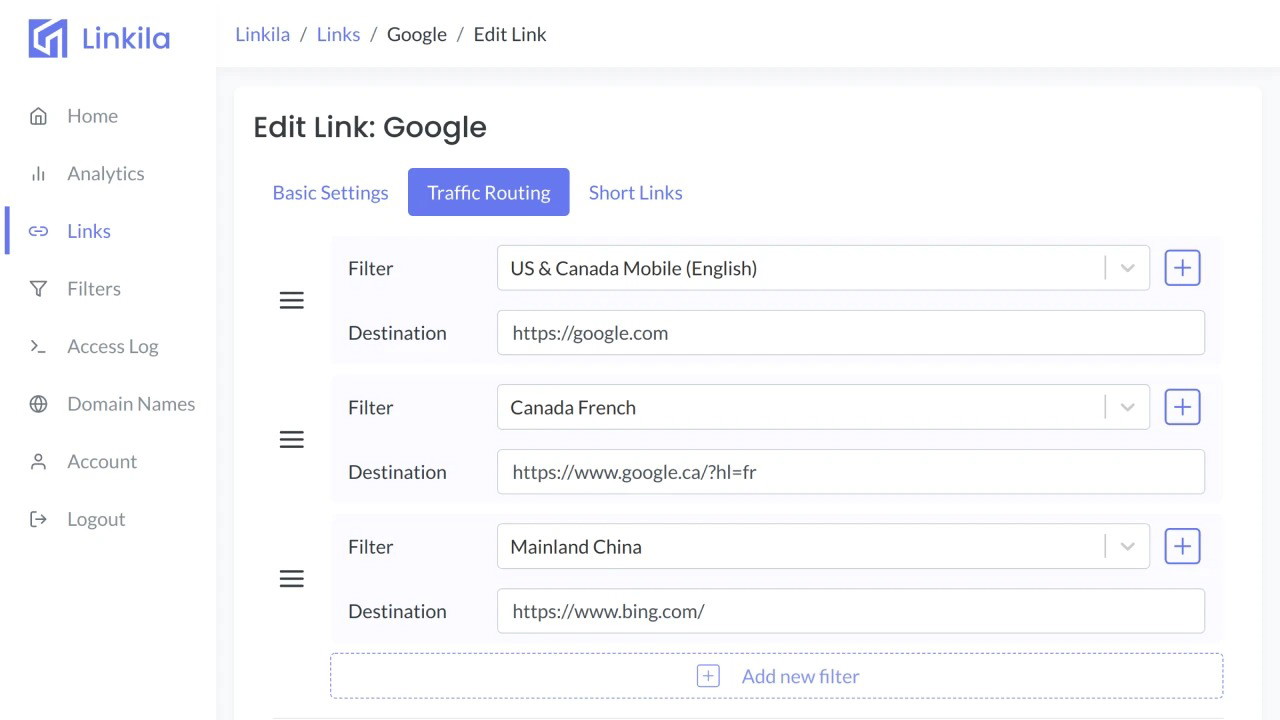 Create your own rules that redirects visitors to different destinations based on their geo-location, language, etc.