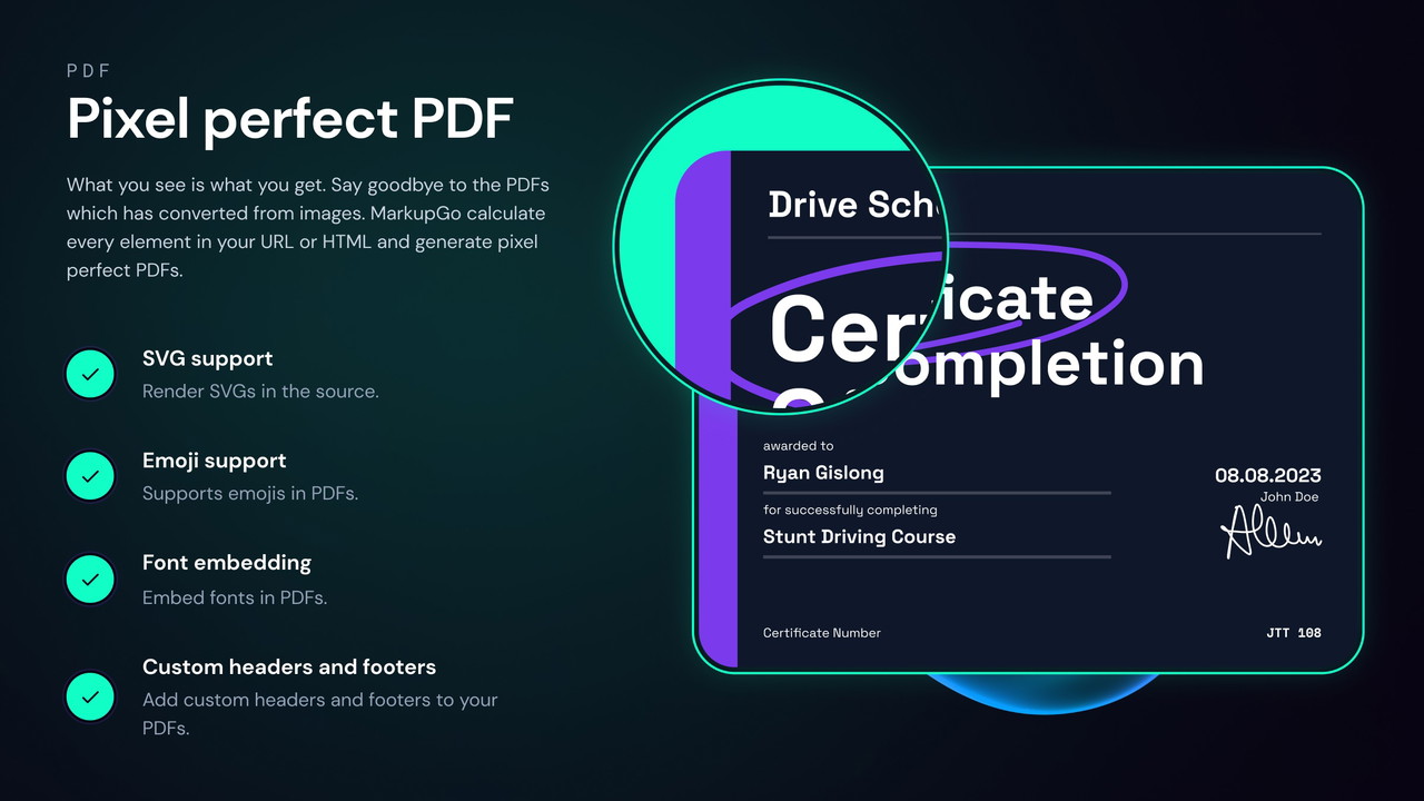 Pixel-perfect PDF generation with support for SVGs, emojis, and custom elements.