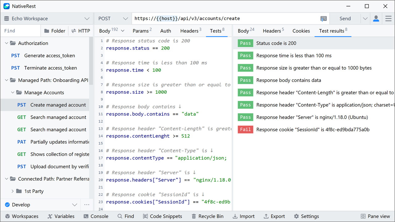 The "Tests" tab allows you to create concise one-line tests for each request.
