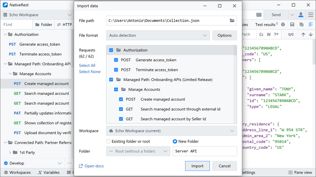 In the "Import Data" window, you can import collections and requests from other REST clients.