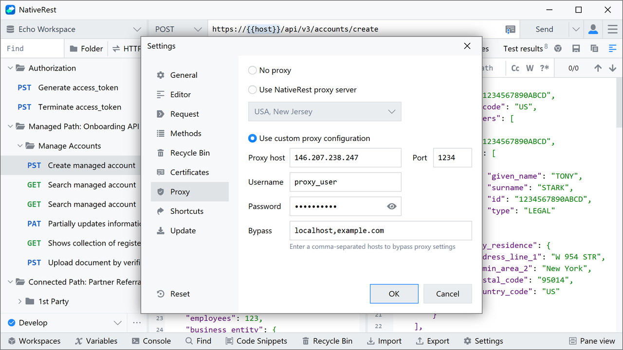 In the "Proxy Settings" window, configure proxy options as needed.