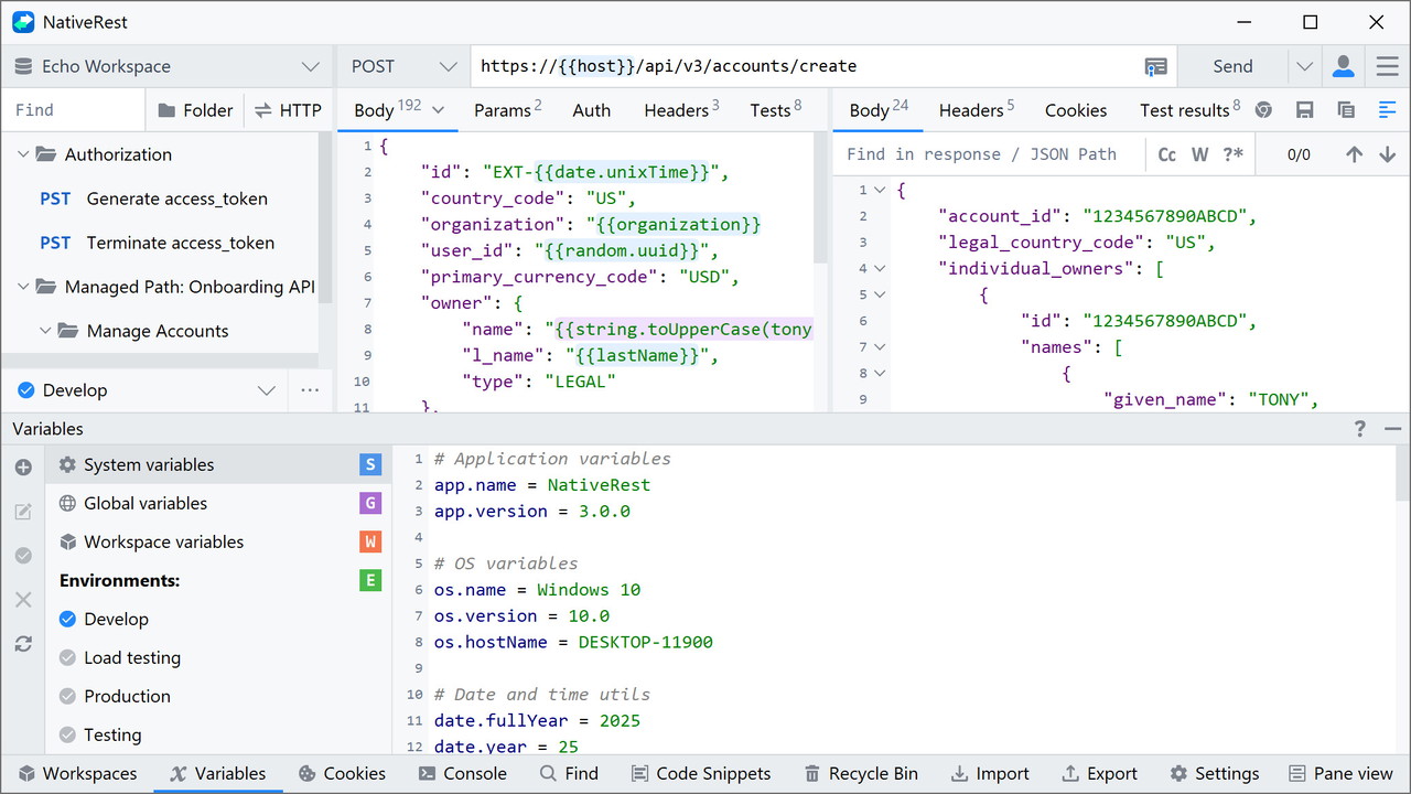 In the Variables panel you can set variables for different scopes. Nested variables and functions are also supported.