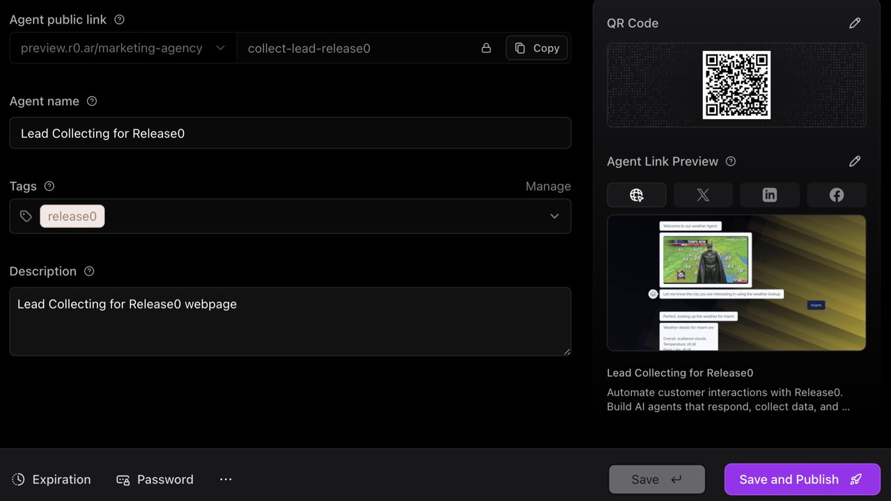 Share AI agents instantly with customizable links and QR codes.