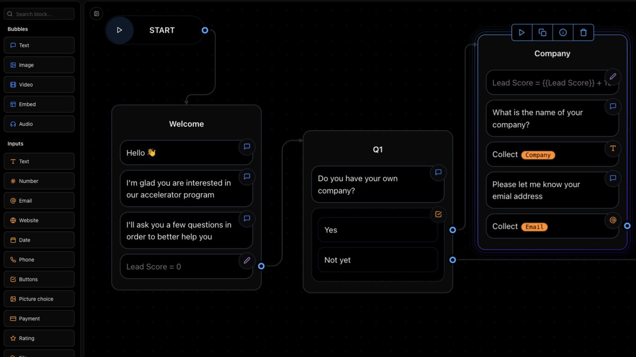 Visual flow builder lets you design AI conversation paths with drag-and-drop simplicity.