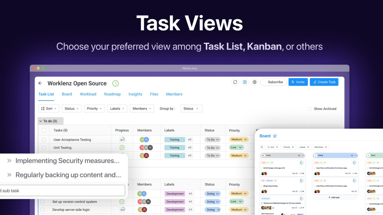 Powerful visualisation of tasks through , Task list and Kanban views