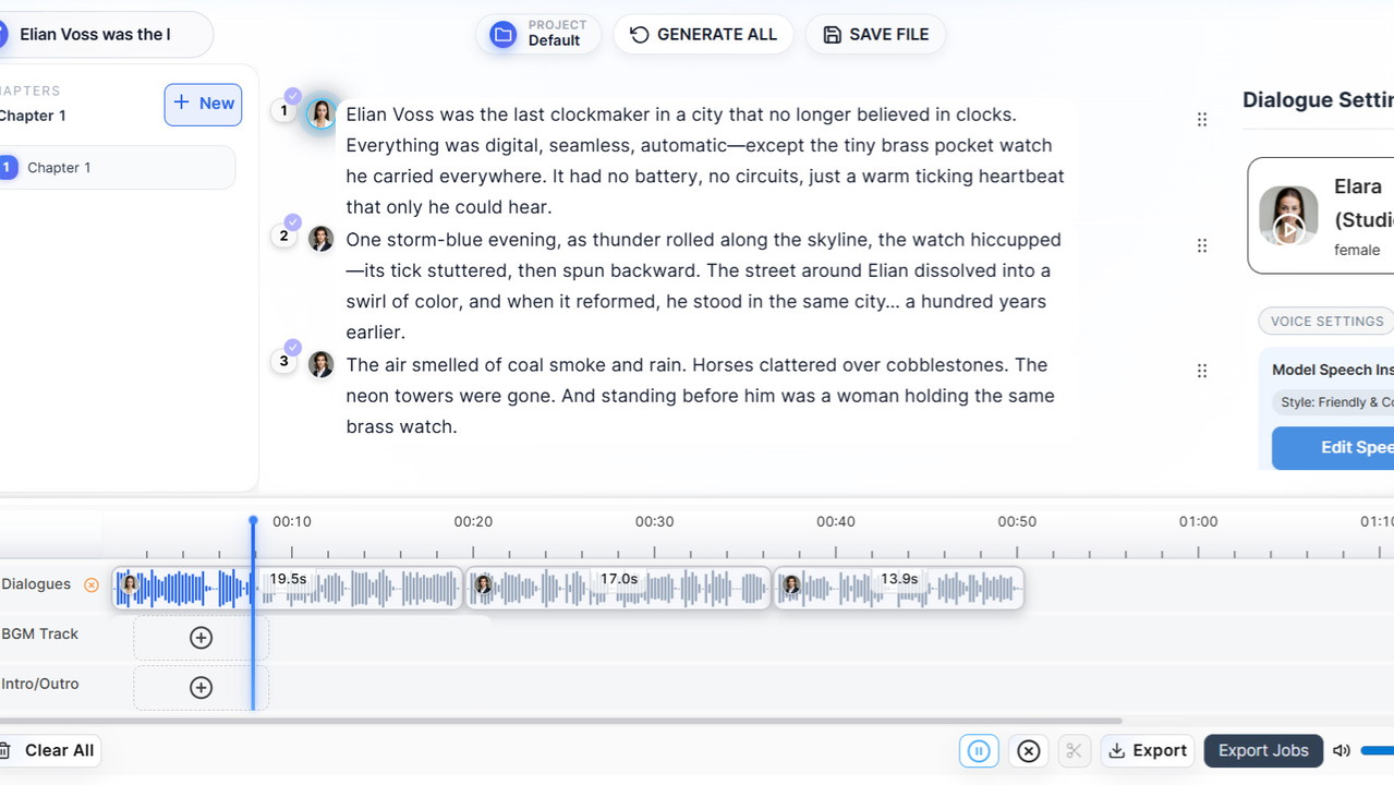 Bring characters to life - script scenes, assign voices, and produce immersive dialogue in minutes.