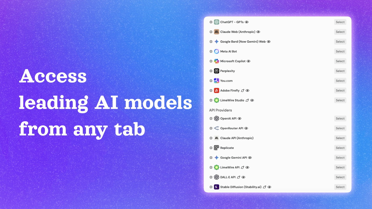 Access leading AI platforms and models from any tab like ChatGPT, Claude 3, Google Gemini 1.5, Meta Llama, etc.