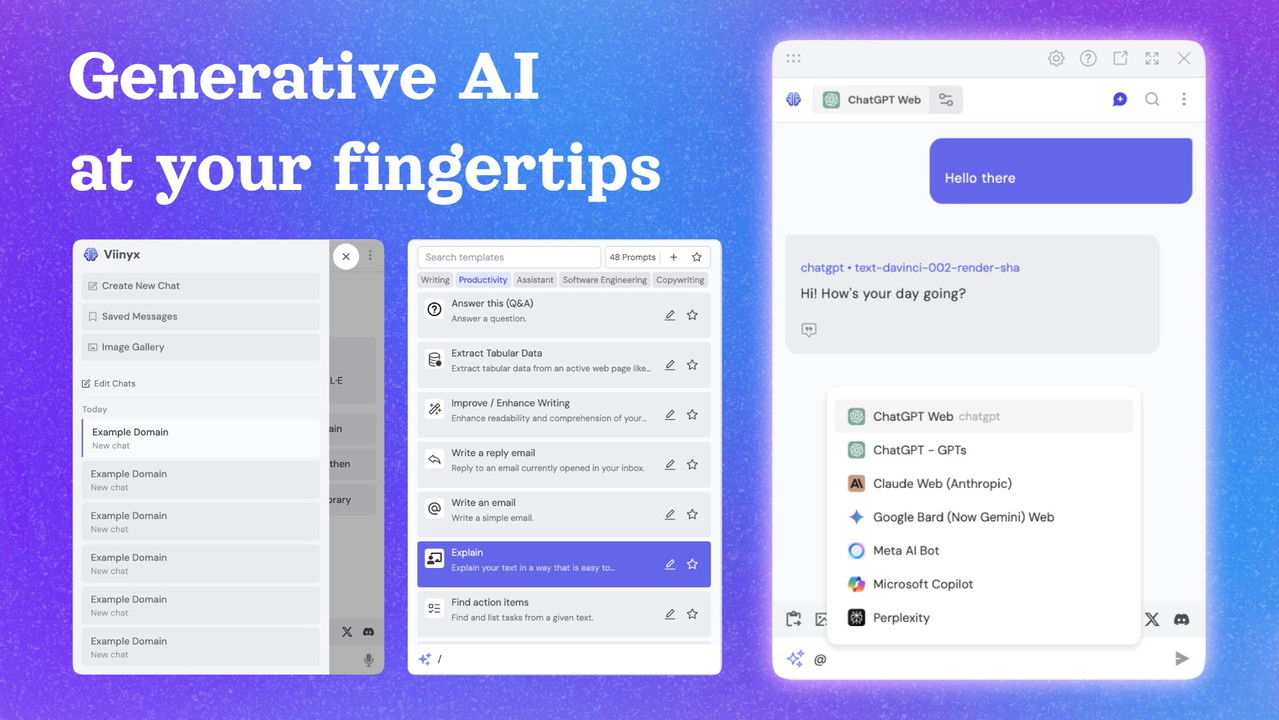 Activate the Viinyx AI chatbox from any website by hitting the ⌥ + V or Alt + V shortcut.
