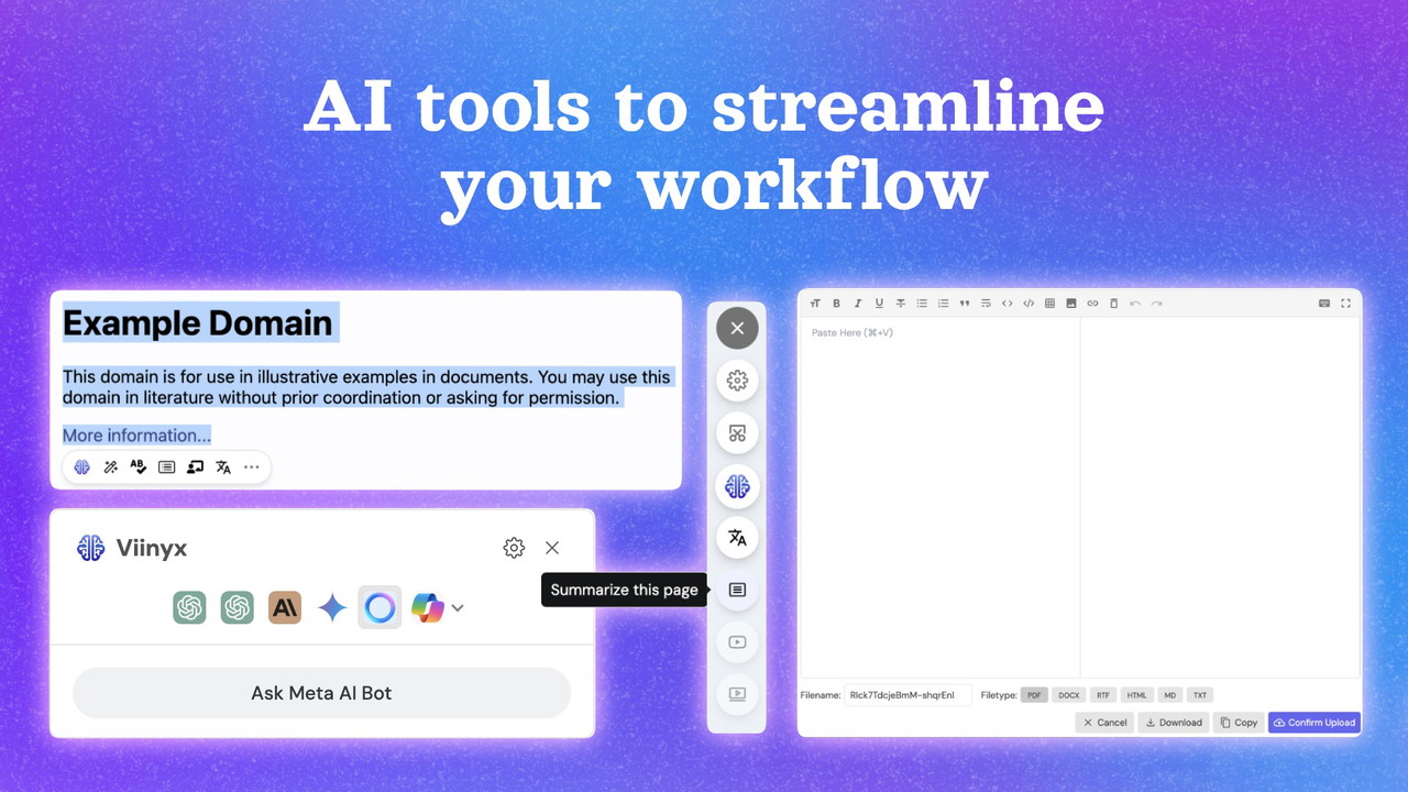 Instantly summarize selected text, pages, search results, and videos; analyze or reimagine images; create PDF documents.
