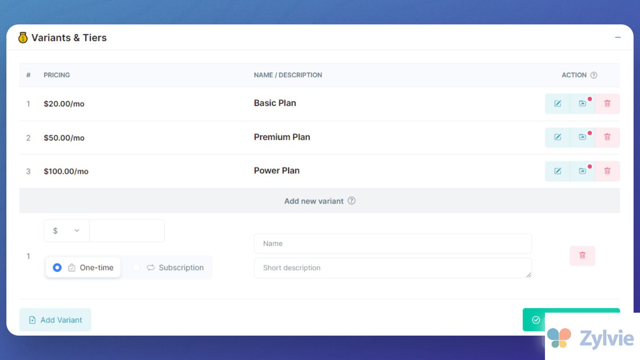 Create different pricing tiers/plans, bump offers, and bundles per product