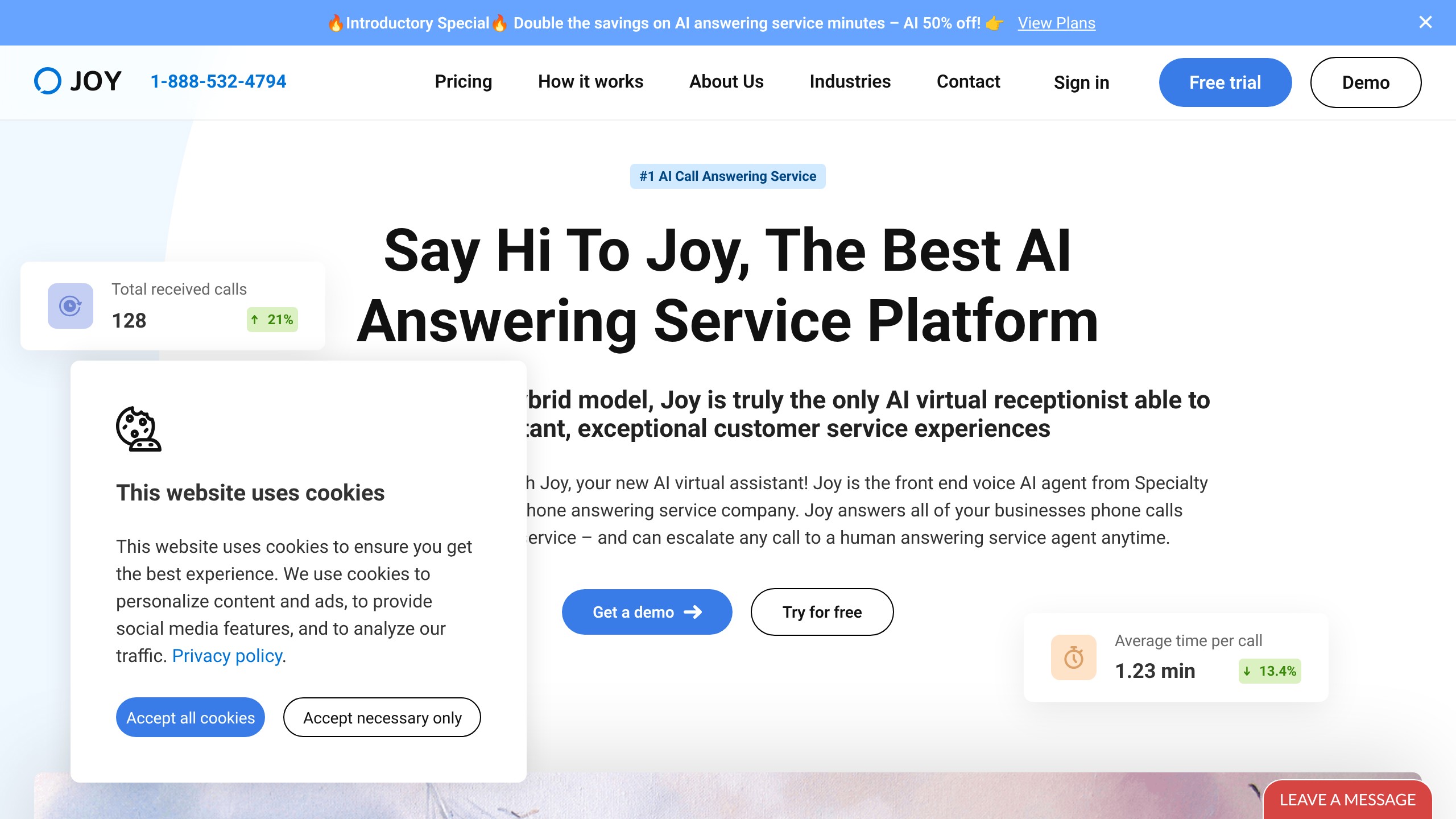 Joy AI homepage showing hybrid AI answering service for businesses