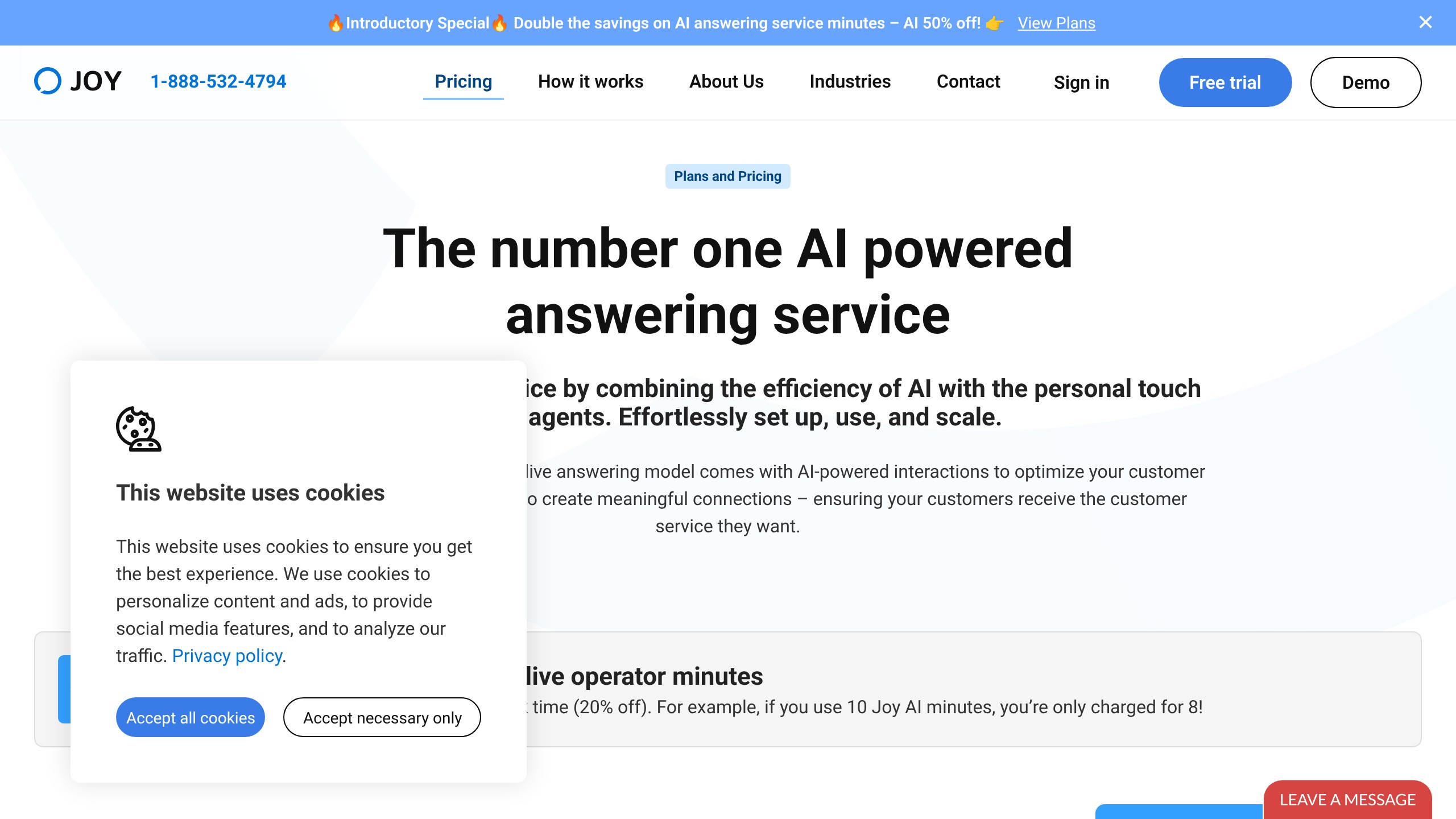 Joy AI pricing plans starting at 44 per month with free trial