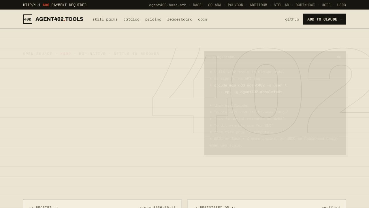 Agent402.Tools - pay-per-call web tools homepage screenshot