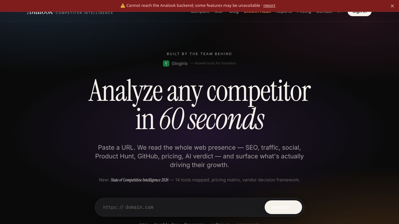 Analook - Competitor Intelligence homepage screenshot