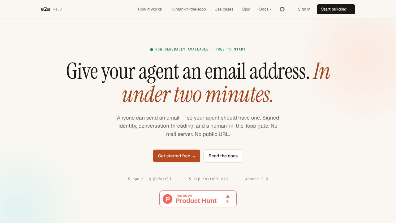 e2a - email for AI agents homepage screenshot