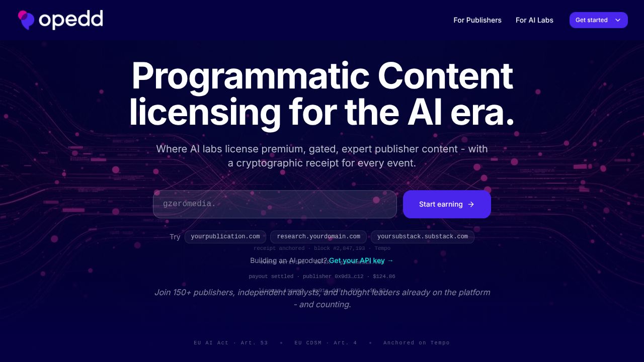 Opedd - Licensed Content for AI homepage screenshot