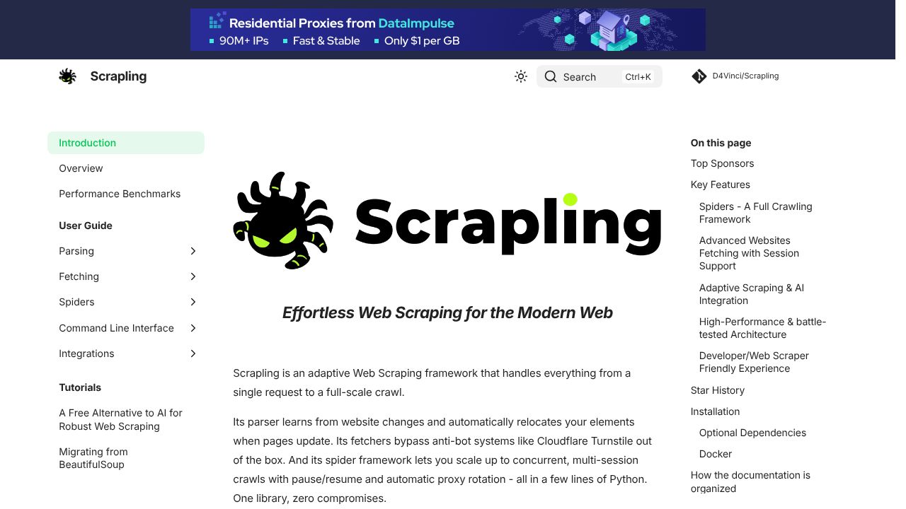 Scrapling MCP Server homepage screenshot