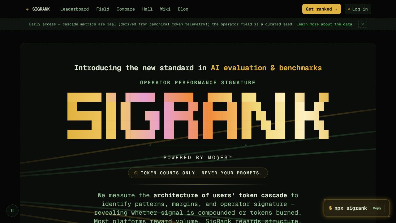SigRank - Token Efficiency Leaderboard homepage screenshot
