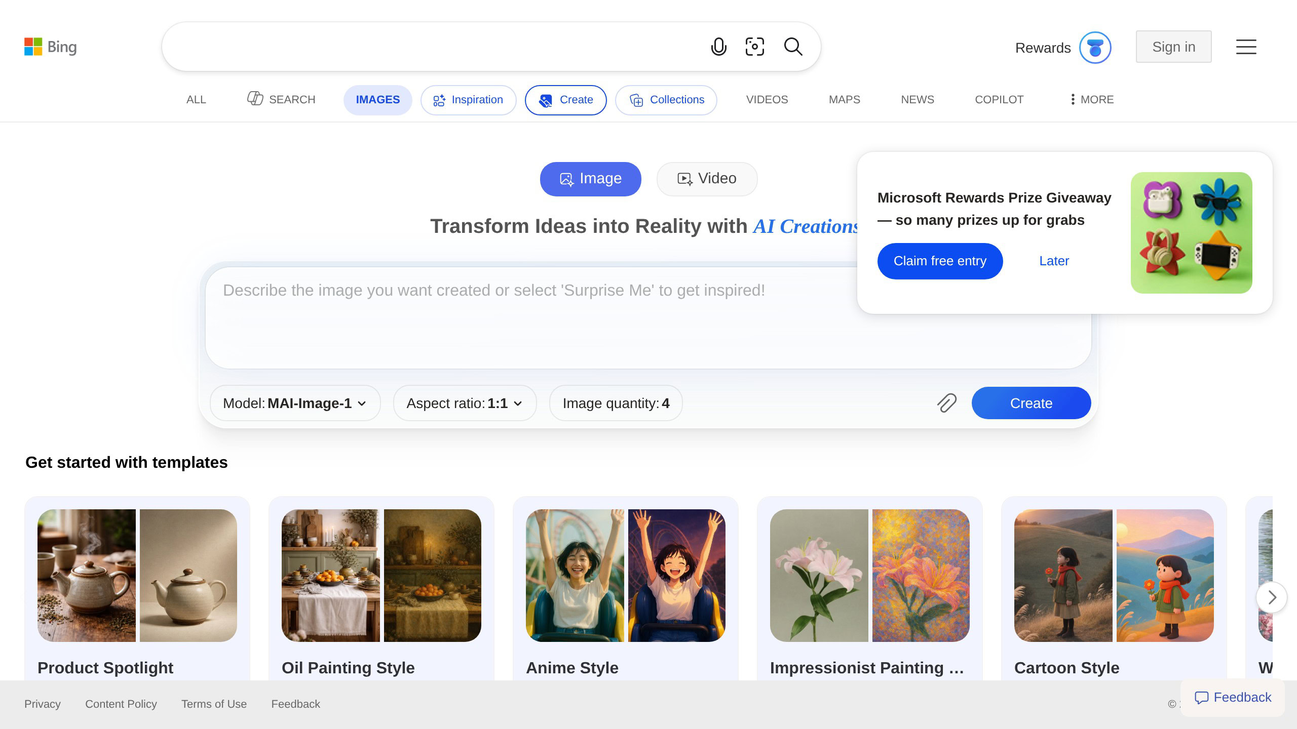 Microsoft Designer image creator with DALL-E 3 prompt interface