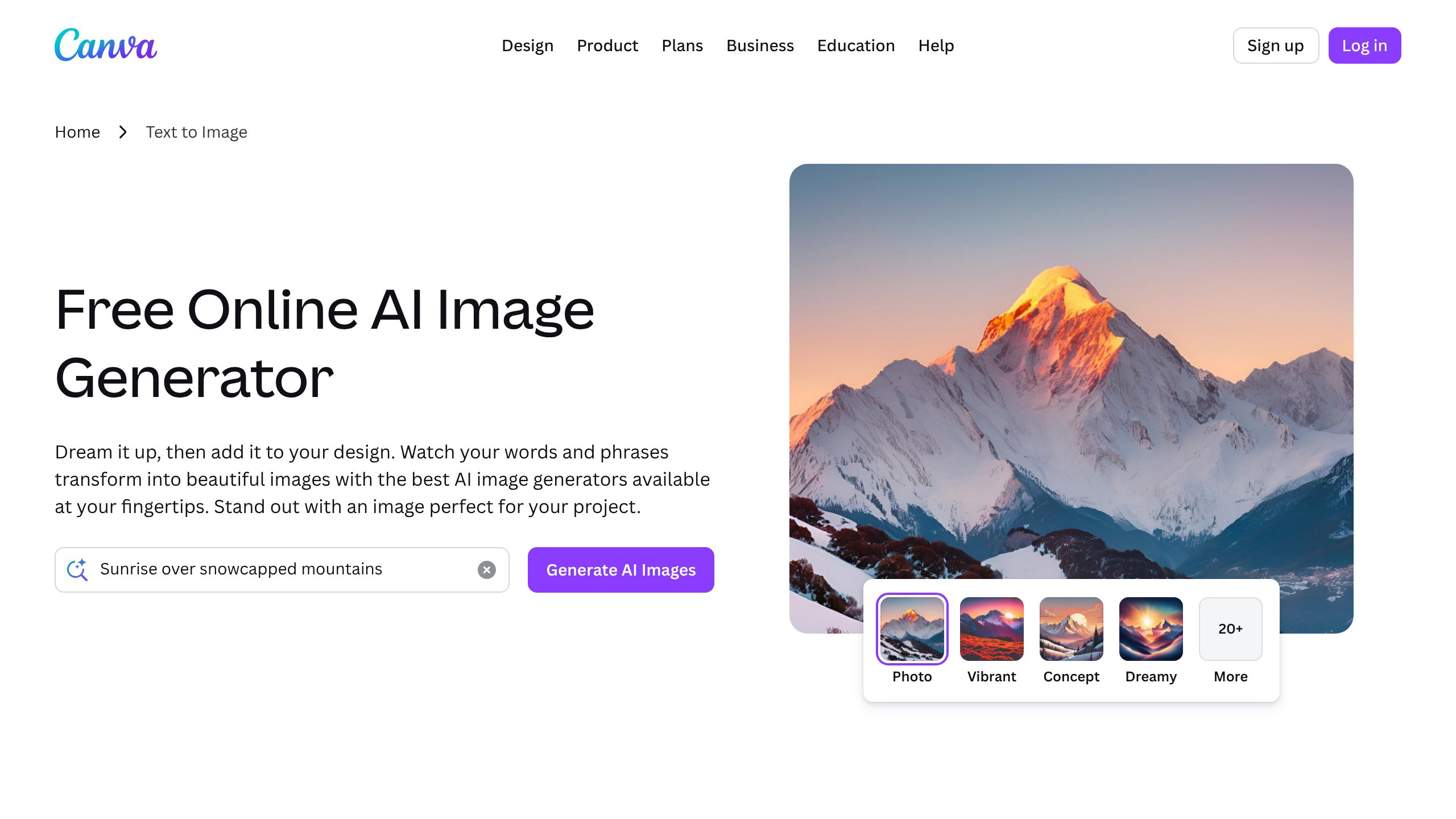 Canva AI image generator feature page with Magic Media tools