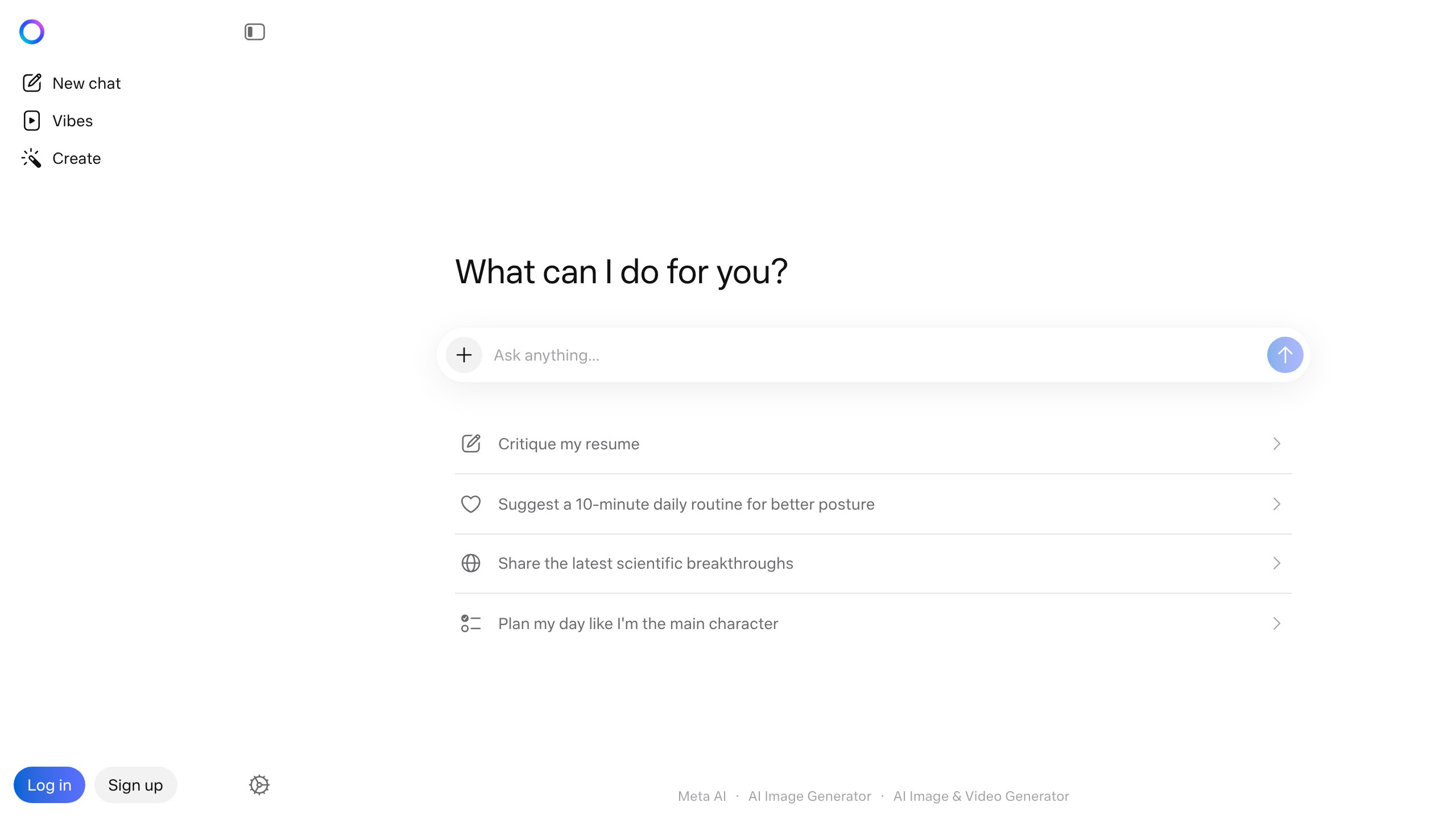 Meta AI homepage with Imagine image generation feature