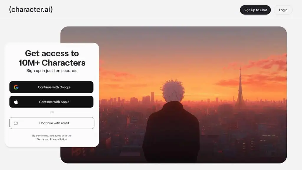 Character AI homepage with the sign-up panel and character library