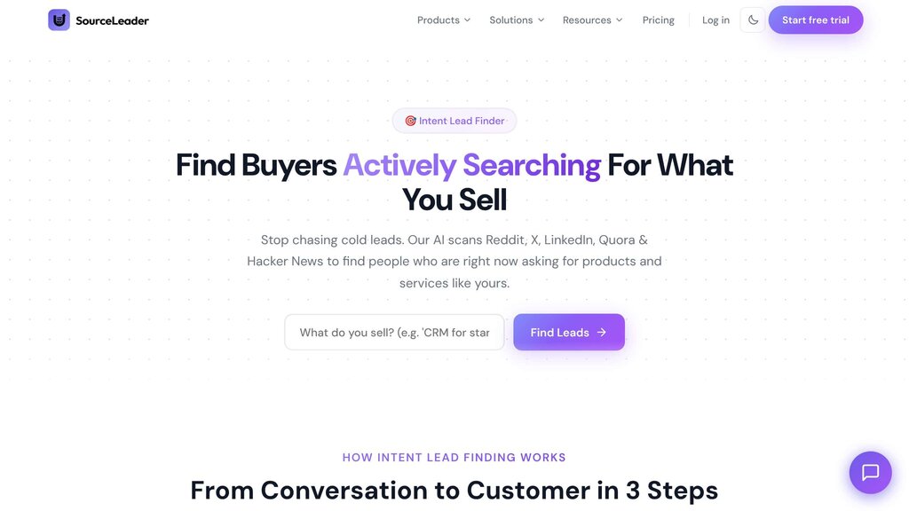 SourceLeader Intent Lead Finder product page showing intent monitoring