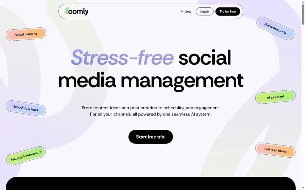Loomly homepage showing guided social media post creation and scheduling