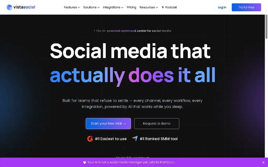 Vista Social homepage showing its AI command center for social media management