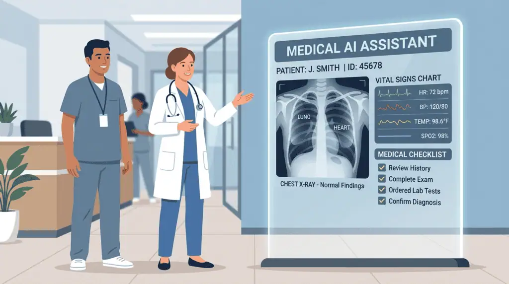 Illustration of AI augmenting a doctor and nurse rather than replacing them