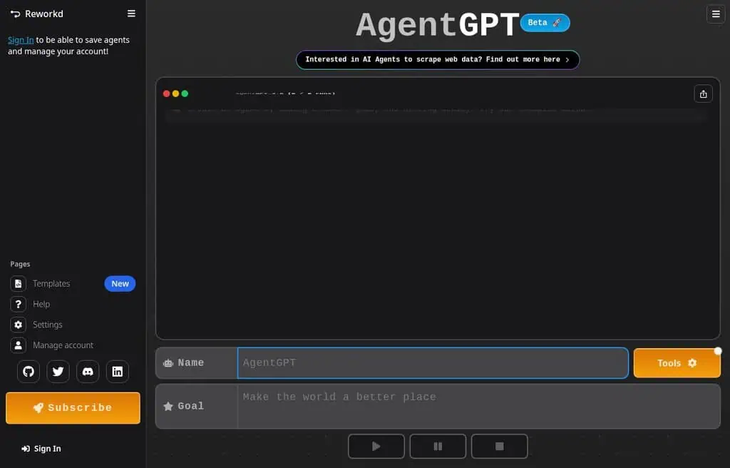 AgentGPT autonomous agent in the browser