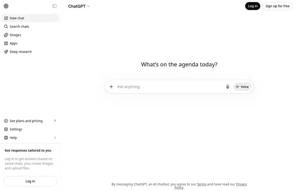 ChatGPT homepage, the leading free AI assistant for chat, writing, and analysis