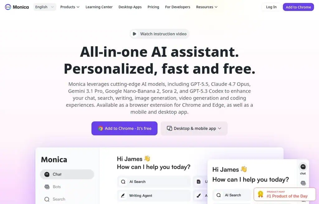 Monica all-in-one AI assistant for chat, writing, and coding