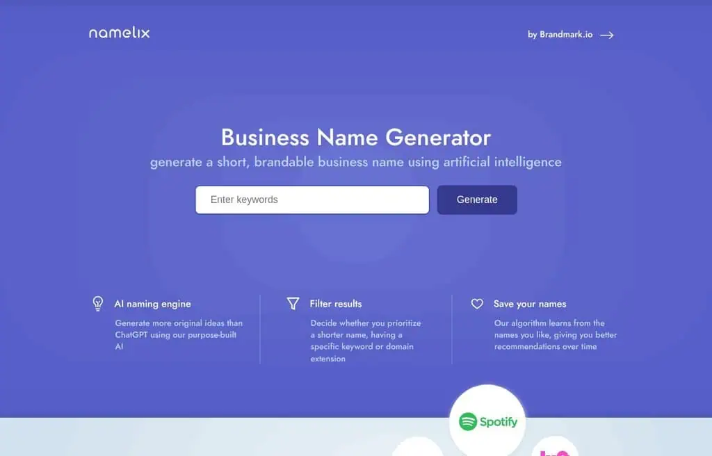 Namelix AI-generated brandable business names