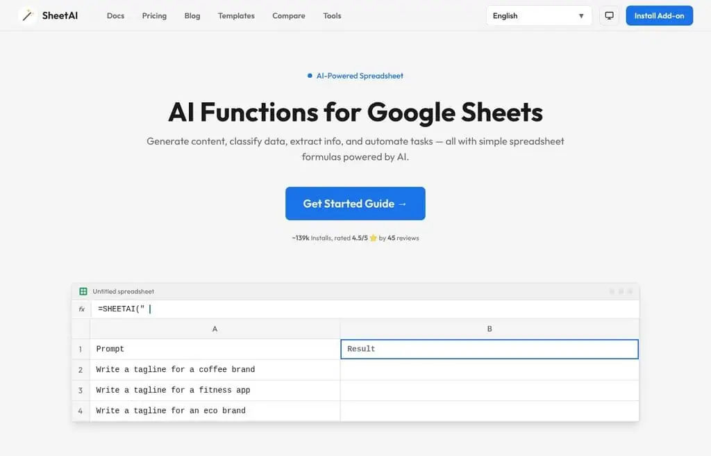 SheetAI AI functions inside Google Sheets