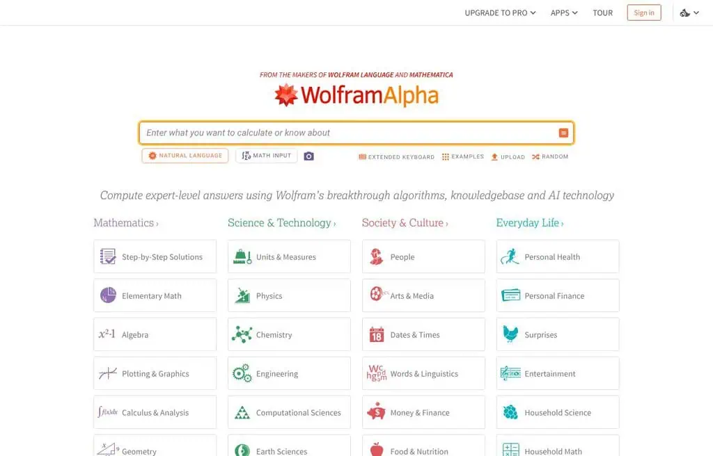 WolframAlpha computational answer engine results