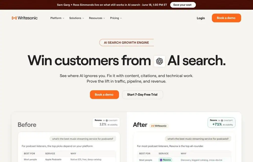 Writesonic AI content and SEO writing platform